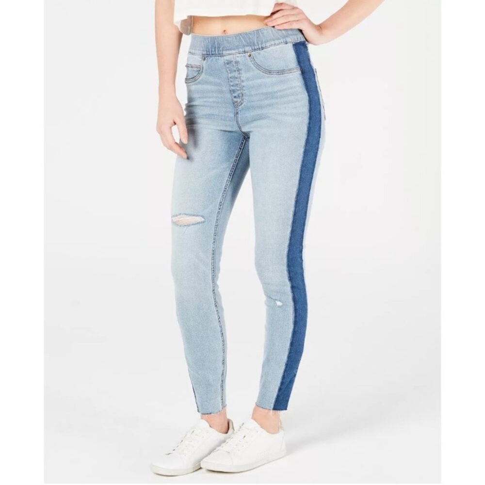 SPANX Womens Side Stripe Ripped Jeggings XS High Waist Light Blue Cotton Spandex